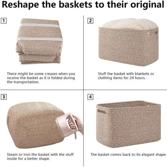 Woven Cotton Storage Baskets Set Cube Shelf Organizer Bins with Handles